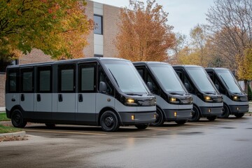 Obraz premium Fleet of Electric Vans: A line of modern, eco-friendly vans parked, highlighting sustainable transport solutions against an urban backdrop.