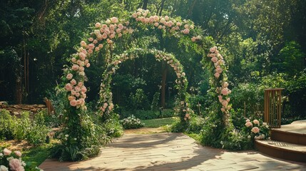 A magical garden adorned with sunlit flower arches and lush greenery creates a whimsical and enchanting atmosphere.