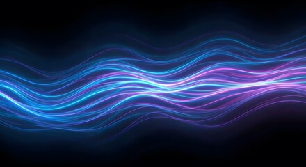 Purple and blue abstract waves swirling on a black background.AI