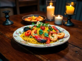 Seafood Paella Dinner Romantic Setting Candles