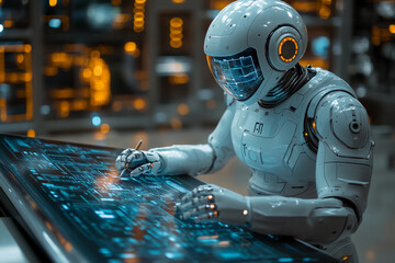 Fototapeta premium Futuristic Workspace: Humanoid Robot Brainstorms Business Ideas on Tablet, Surrounded by Holographic Displays and Modern Office Tech, Engaging in Creative Problem-Solving