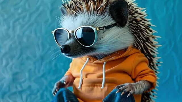 Stylish hedgehog wears sunglasses, orange hoodie, and jeans, sitting against a textured blue background. Casual and playful fashion animal lifestyle