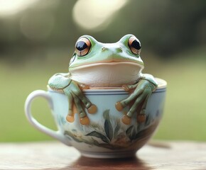 Frog in Teacup: A charming frog peeks out from within a delicate teacup, showcasing its vibrant green skin and expressive eyes. The scene is a playful juxtaposition of nature and domesticity.