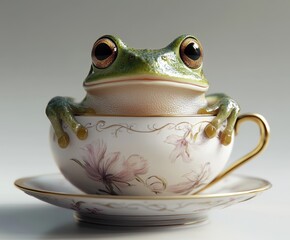 Frog in a Teacup: A whimsical frog figurine rests comfortably inside a delicate teacup and saucer, combining the natural world with a touch of elegance.