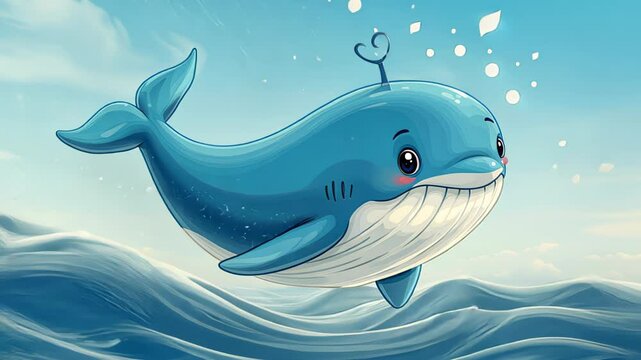  Cute cartoon whale swimming in the ocean with a playful expression