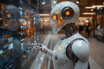 Fototapeta premium Futuristic Office Assistant: Humanoid Robot with Transparent Skin Organizes Digital Files on Floating Screen in Sleek, Modern Glass Office Setting