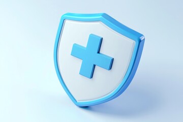 Fototapeta premium Health protection shield icon. A 3D rendered light blue shield with a white plus sign inside. Clean, modern design