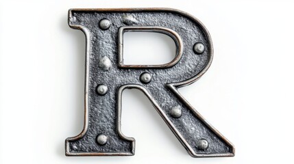 A metal alphabet letter "R" adorned with rivets, isolated against a white background.