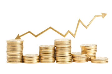 Isolated Stacked Gold Coins with Rising Arrow for Increasing Profit