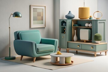 Serene Mid-century Modern Living Room Featuring A Teal Armchair, Inviting Vintage Aesthetic, And Soft, Natural Light Illuminating The Space