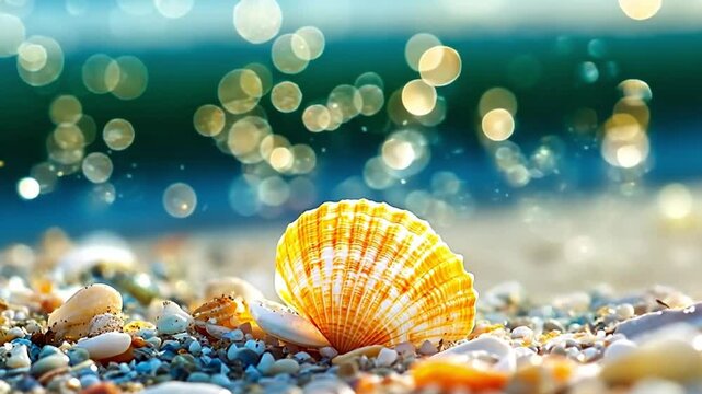 seashell on a beach surrounded by small pebbles and sand, summer background bokeh effect 