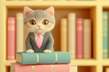 Adorable kitten in a suit sits atop books in a library, a charming and whimsical image.