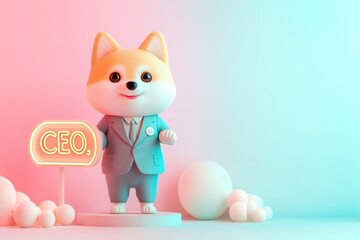Fototapeta premium A cute Shiba Inu CEO stands proudly, holding a neon CEO sign. A fun, vibrant image.