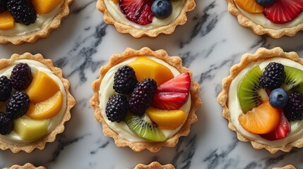 Colorful fruit tarts on marble