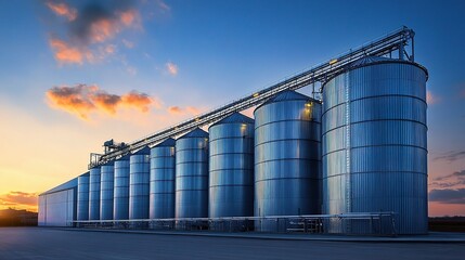 Massive Grain Bins at a Processing Plant in Dusk Lighting