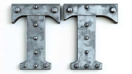 A metallic letter "T" adorned with rivets, showcased against a white background.