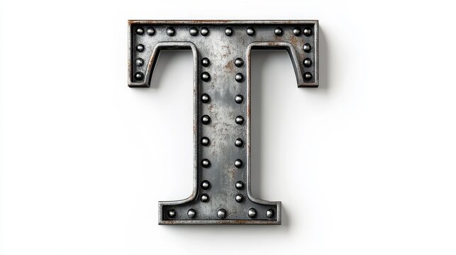 A metallic letter "T" adorned with rivets, showcased against a white background.