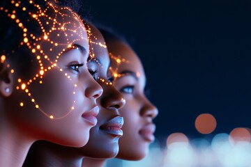 Row of diverse women with illuminated neural connections symbolizing human diversity artificial intelligence and futuristic cognitive evolution
