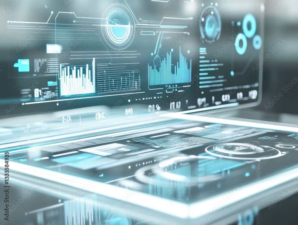 Poster digital data visualization: showcasing a futuristic user interface filled with data visualization, c