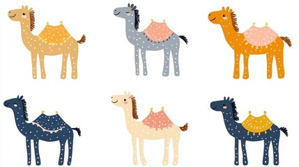 Naklejka premium Cartoon Camels with Colorful Patterns for Kids' Illustrations and Designs