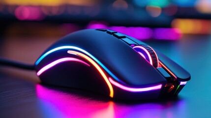 Neon Gaming Mouse: A cutting-edge gaming mouse is illuminated by neon lights, its sleek design and vibrant colors suggesting high-tech gaming.