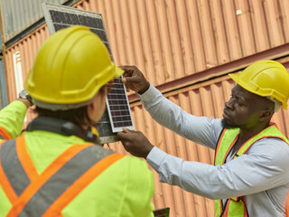 Two construction workers in safety gear examining and adjusting  a solar panel installed