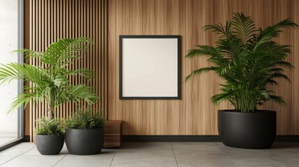 A minimalist modern office lobby featuring a frame mockup on the wall and potted plants.