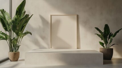 A minimalist modern office lobby featuring a frame mockup on the wall and potted plants.