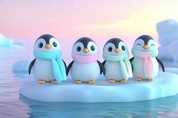 Fototapeta premium Four adorable penguins wearing scarves huddle together on a small ice floe in a serene arctic sunset.