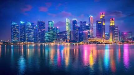 Fototapeta premium A vibrant city skyline at night, showcasing contemporary buildings.