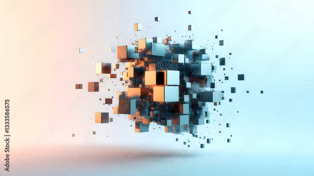 Fototapete abstract 3d rendering of exploding metallic cubes with blue and orange lighting