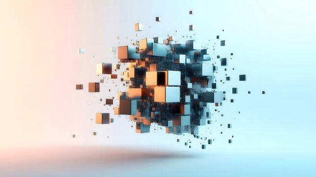 Abstract 3D Rendering of Exploding Metallic Cubes with Blue and Orange Lighting