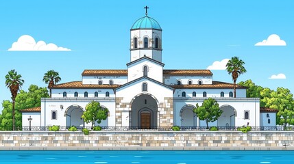 Obraz premium Charming White Church with Blue Dome and Palm Trees by Calm Water Under Clear Blue Sky
