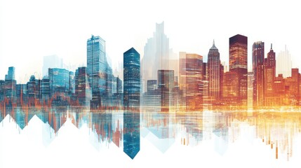 Obraz premium A modern cityscape overlaid with abstract forex charts, all isolated on a white background.