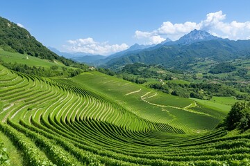 Fototapeta premium Lush Green Rice Terraces in Mountainous Region Under Clear Blue Sky