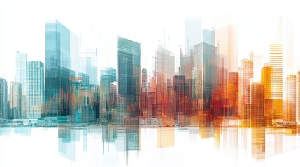A modern cityscape overlaid with abstract forex charts, all isolated on a white background.