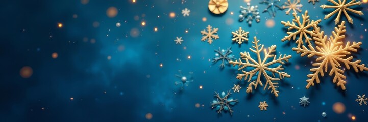 Shimmering gold snowflakes on festive blue background, glitter, stylish