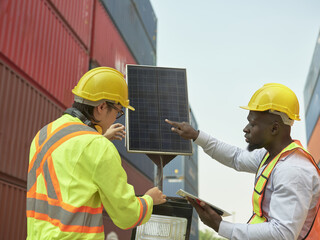 Two construction workers in high-visibility vests and hard hats discussing and examining a solar panel device on a construction site