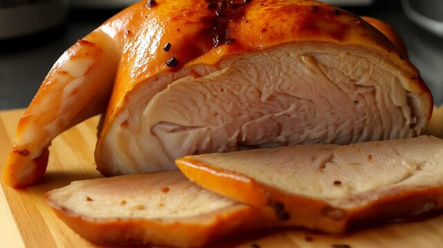  Roasted ham with a golden brown crust and slices cut on a wooden cutting board with a window view