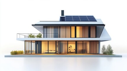 A modern house with solar panels on the roof is isolated on a white background.