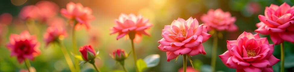 Fototapeta premium Close-up of sunlit summer roses and dahlias in full bloom, summer, floral