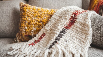 Cozy Blanket and Textured Pillow on Modern Sofa in Bright Room