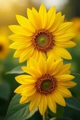 Fototapeta premium Close up of two yellow sunflowers overlaid with vibrant yellow hues, colorful, creative