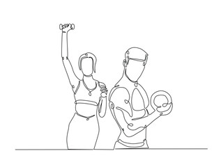 Continuous line art drawing of woman and man workout using barbell. Couple training in sport gymnasium club cente in one line drawing illustration. Editable stroke.