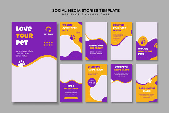 Pet shop social media story template set. Animal care and pet supply