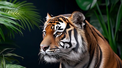 Fototapeta premium Close-up of a tiger's head, profile view, in a lush jungle setting.