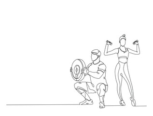 Continuous line art drawing of woman and man workout using barbell. Couple training in sport gymnasium club cente in one line drawing illustration. Editable stroke.