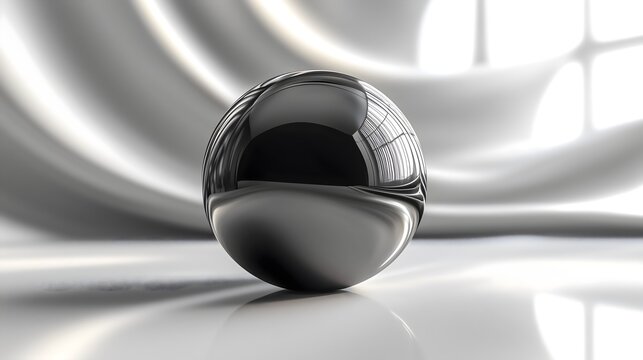 Monochromatic sphere rendering with reflective surfaces and soft shadows on a textured backdrop