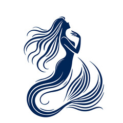 Black silhouette of a beautiful mermaid with long hair and tail. Vector illustration on a white background