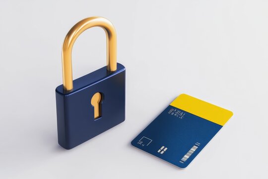 Secure online payment, protecting financial data.  A navy blue padlock with a gold latch sits beside a credit card, symbolizing secure online transactions